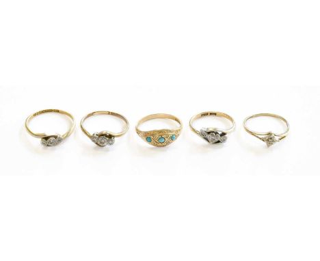 A 9 Carat Gold Turquoise and Split Pearl Ring, finger size O; A 9 Carat Gold Diamond Solitaire Ring, finger size N; A Diamond