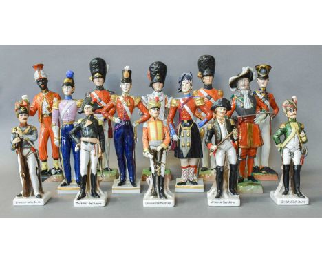 A Set of Six Dresden Porcelain Figures, 20th century, figures in military dress; together with three similar Sitzendorf figur