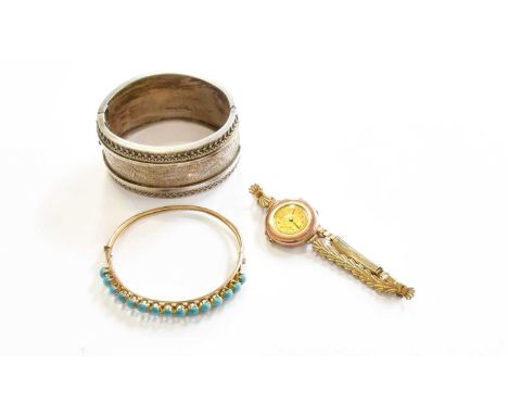 A Turquoise Hinged Bangle, stamped '14K', inner measurements 5.5cm by 5.3cm (a.f.); A White Metal Hinged Bangle; and A Lady's