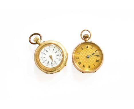 A Lady's 14 Carat Gold and Enamel Fob Watch, case stamped 0.585, and a Lady's 9 Carat Gold Fob Watch, (2)