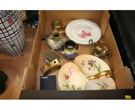 Tray of assorted including a Royal Worcester dish, Gouda vase etc.