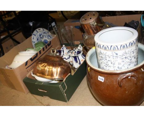 Two boxes of assorted, copper lamp, salt glaze pot etc.