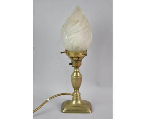 A Table Lamp Formed From Brass Candlestick Base having Frosted Glass Flame Shade, 30cms High