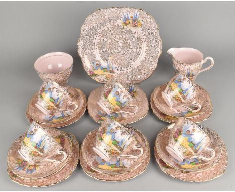 A Colclough Pink Ground Crinoline Lady Decorated Tea Set to Comprise Six Cups, Five Saucers, Six Side Plates, Cake Plate, Mil