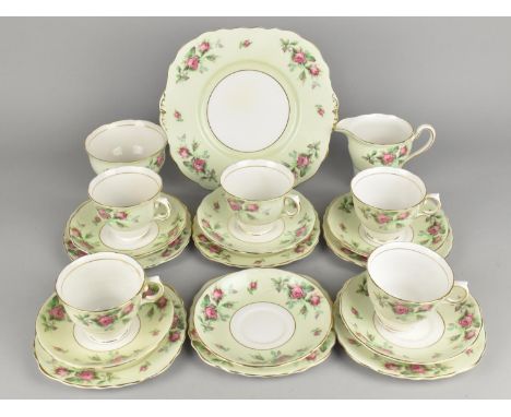 A Colclough Green Ground Rose Decorated Tea Set to Comprise Five Cups, Six Saucers, Six Side Plates, Milk Jug, Sugar Bowl and