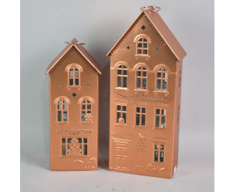 Two Modern Metal Lanterns, Formerly Tea Bag Containers, of Architectural Form, Tallest 37cms High