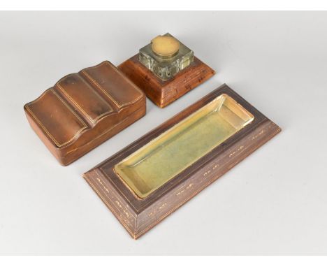 An Asprey of London Desk Set, The Leather Mounted Items to comprise Desktop Inkwell, Box and Pen Tray.