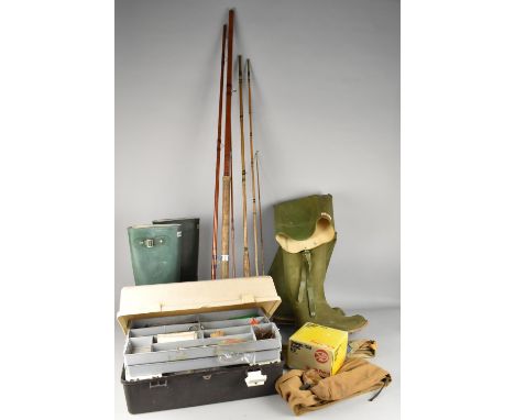 A Collection of Angling Equipment to Comprise Vintage Split Cane Rods, Angling Box with Hooks, Lines etc, South Bend Fishing 