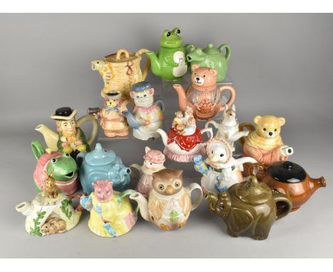 A Collection of Various Ceramic Novelty Teapots to Include Frogs, Teddy Bears etc
