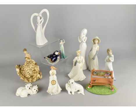A Collection of Various Ceramic and Resin Ornaments to Comprise Nao Girl, Royal Doulton 'Thank You', Dog and Seal Groups, Bra