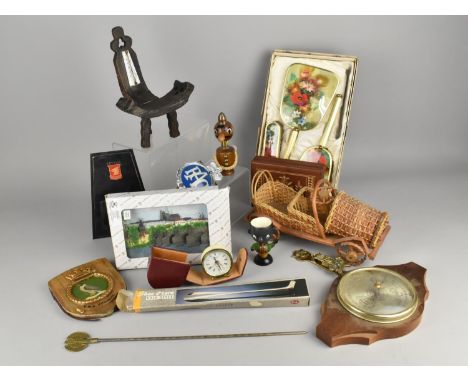 A Box of Sundries to include Barometer, Letter Rack, Thermometer, Wicker Vintage Car, HMS Peregrine Shield, Czech Republic Pl