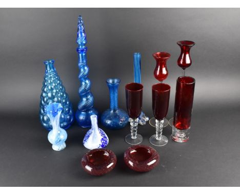 A Collection of Coloured Glass to Comprise Ruby Glass Vase, Bubble Glass Ashtrays, Blue Mottled Stem Bottle Vase, Empoli Type
