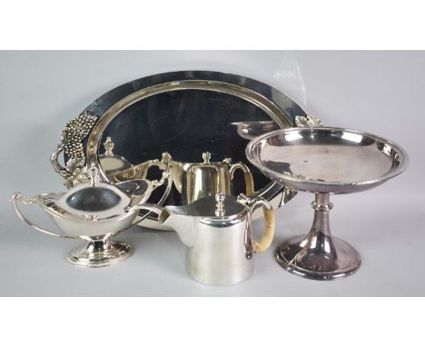 A Silver Plated Oval Tray with Grape and Vine Stylised Handles Together with an Elkington Silver Plated Pedestal Bowl, Sauce 