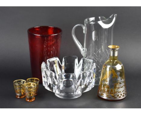 A Collection of Various Glass to Comprise Lars Hellsten (1933-2022) for Orrefors Bowl, Cut Glass Jug, Ruby Glass Vase and a I