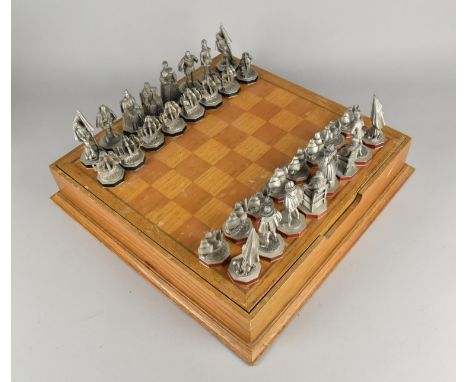 The Armada Chess Set by Danbury Mint in Wooden Case with Chessboard Lid, Pewter Pieces