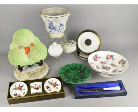 A Collection of Various Ceramics to Comprise Majolica Footed Leaf Dish, Coalport Countryware Lidded Pot, Royal Worcester Eves