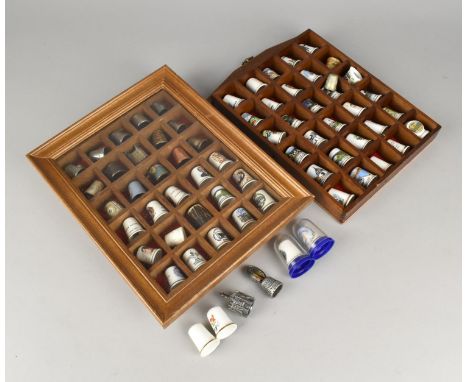 A Collection of Various Novelty Ceramic and Metal Thimbles together with Two Wooden Wall Hanging Displays