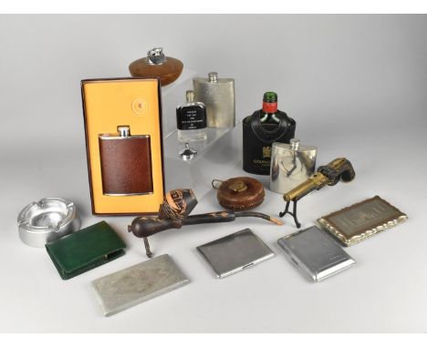A Collection of Various Hipflasks, Table Lighters, Ash Tray, Tape Measure, Carved Pipe Etc
