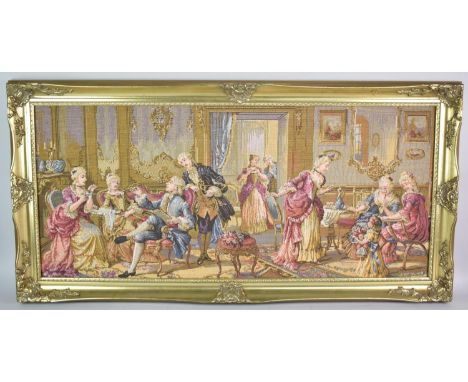 A Large Gilt Framed Tapestry, Rococo Interior Scene with Figures, Subject 95x42cm