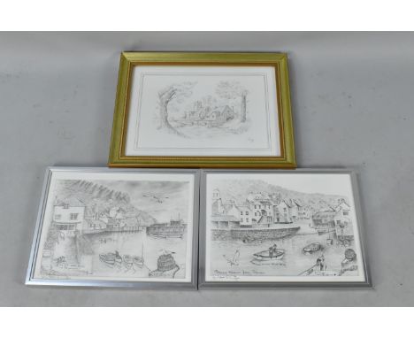 Two Framed Prints, Polperro Harbour and Watch House together with Pencil Sketch of Church and Watermill