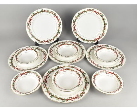 A Set of Six Royal Worcester Holly Ribbons Dinner Plates Together with Six Bowls