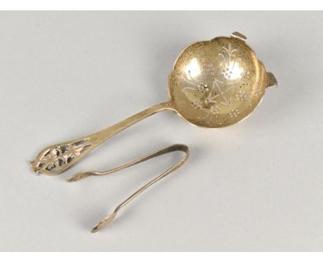 A Silver Tea Straining Spoon by Viner's Ltd (Emile Viner) with Pierced Floral Finial, 14cm Long Together with a Small Pair of