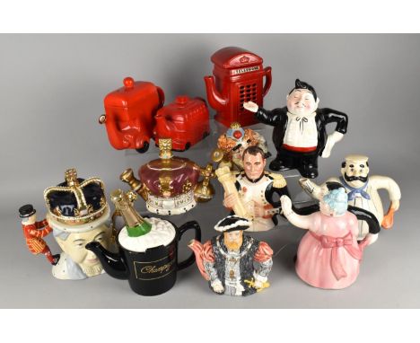 A Collection of Various Novelty Ceramic Teapots to Include Queen Elizabeth II, Telephone Box, London Bus etc