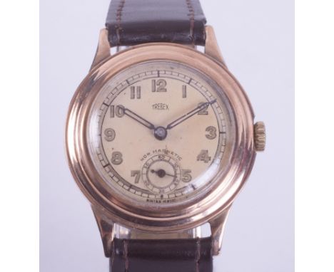 Trebex, a vintage 9ct rose gold gent's manual wind wristwatch, non-magnetic, Swiss made, brown leather strap.Condition report