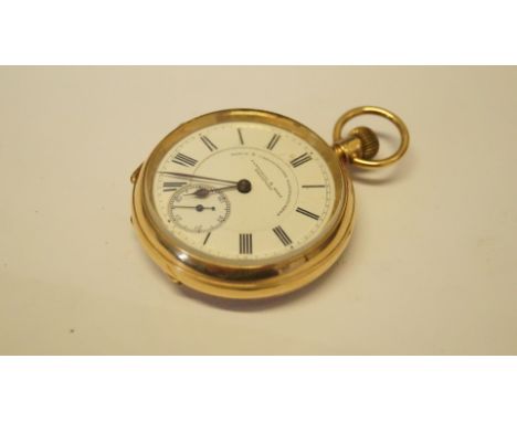 An 18ct gold open faced pocket watch, having a 4.2cm white enamel dial decorated Roman numerals and with subsidiary seconds d