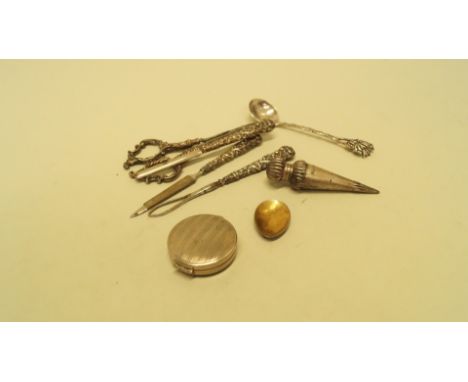 A silver conical scent flask; together with four silver handled manicure tools and three other items.