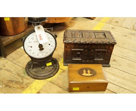 A Salters Family Scale; together with a carved walnut casket; and another small walnut and inlaid box. 