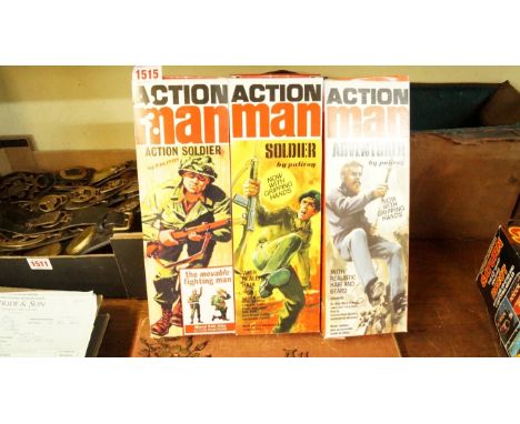 Three 1970s Action Man figures, each boxed.  Condition Report: These boxes do not contain the figures pictured/described.  We