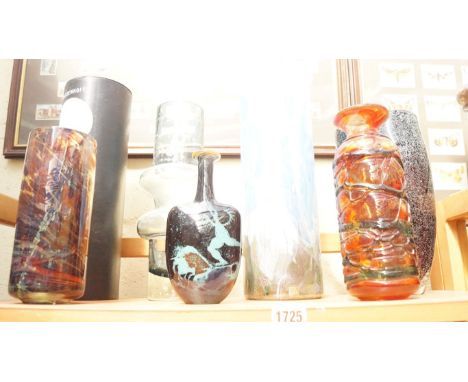 A small collection of glass vases, to include Mdina; Isle of Wight; Kosta Boda etc, (one shelf).