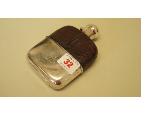 An Edwardian silver and crocodile skin mounted glass hip flask, Mappin & Webb, Birmingham 1904, 13.5cm, 67g weighable. Condit