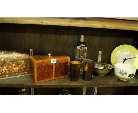 A mixed lot, to include: a burr yew wood tea caddy; two horn beakers; two studio pottery bowls; and a vintage Metamec wall ti