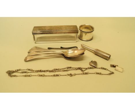 A Beck engine turned silver lighter, London 1936, 7cm; together with four silver teaspoons; a silver napkin ring and sundry. 