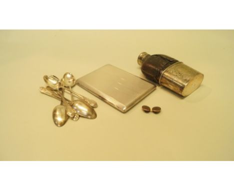 A silver plated cigarette case; together with a silver plated and glass hip flask and a set of six EPNS coffee spoons.