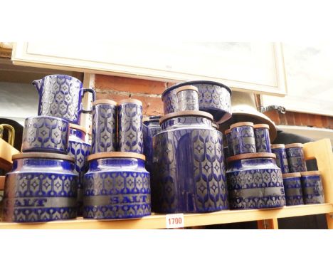 A collection of Hornsea 'Heirloom Blue' pattern kitchenwares, (one shelf).