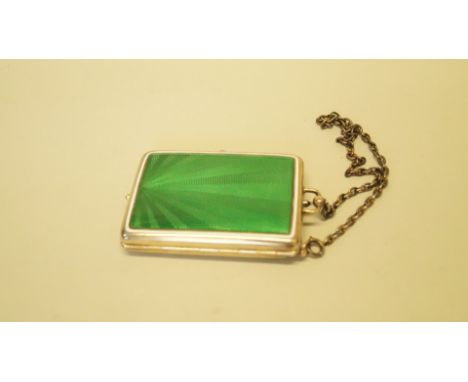 A continental .900 and green guilloche enamel minaudiere, by E K, containing mirror; aide memoire; card clip; powder and perf