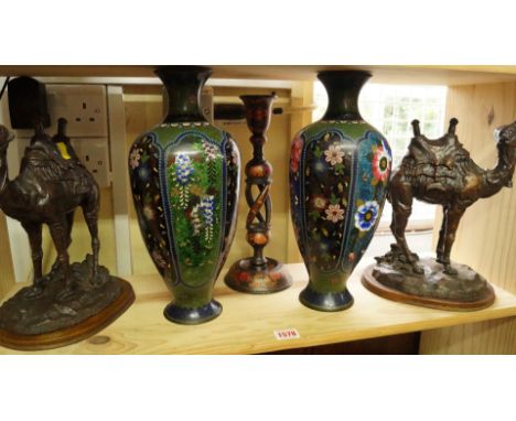 A pair of Japanese cloisonne enamel vases, 33.5cm high; together with a pair of figures of camels; and a painted wood candles