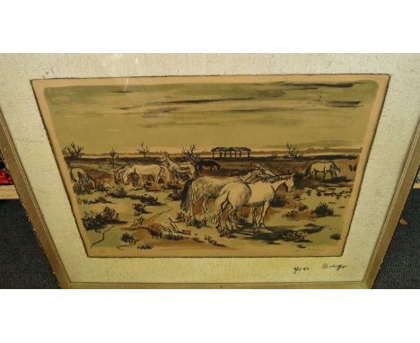 Yves Brayer, horses in a field, signed in pencil and numbered 54/220, colour print, I.43 x 59.5cm.

