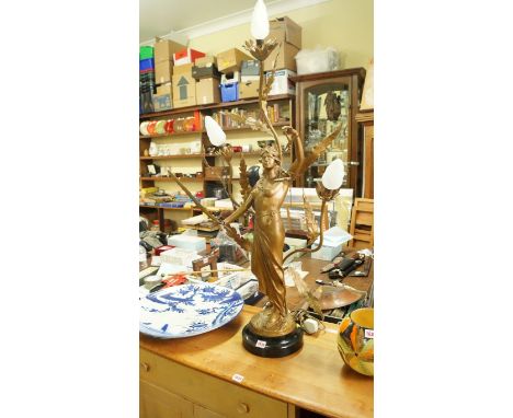 An old gilt painted three branch figure of Liberty lamp, total height 101cm high. 