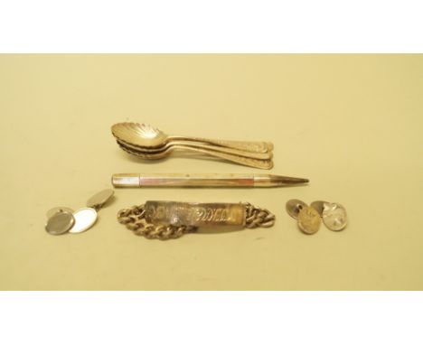 A set of six silver bright cut style coffee spoons; together with a silver propelling pencil; a silver identity bracelet; and