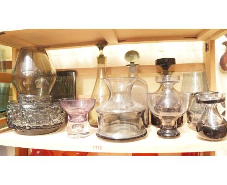 A small collection of Whitefriars style and other similar smoky glass, (one shelf). 