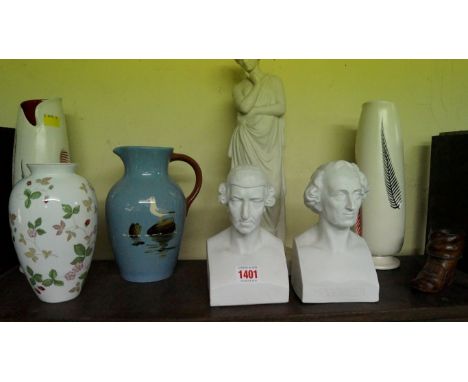 A mixed lot of pottery and porcelain, to include: a Parian ware figure of a maiden; a pair of 1950s Burleigh ware vases; a We