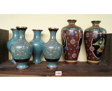 Two pairs of Chinese cloisonne enamel vases, 23.5cm high; together with another Japanese pair, 30.5cm high.  Condition Report