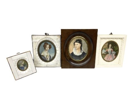 Three hand painted portrait miniatures of young women, one example signed F Boucher, another signed Tremont, each in ivory pi