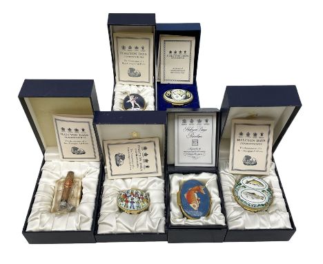 Group of Halcyon Days enamel boxes, to include Christopher Columbus example modelled as a cigar in an ashtray, example decora