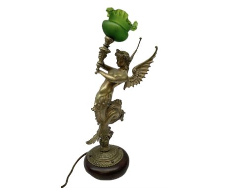 Victorian gilt bronze converted gas lamp in the form of  mythical winged mermaid upon a circular oak base, with a frilled gre