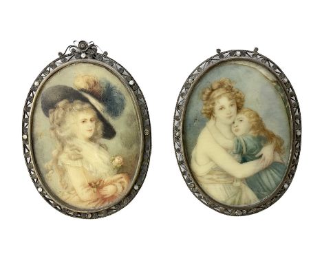 Two 20th century painted portrait miniatures upon ivory, each of oval form in filigree frame, the first example depicting 'Ge